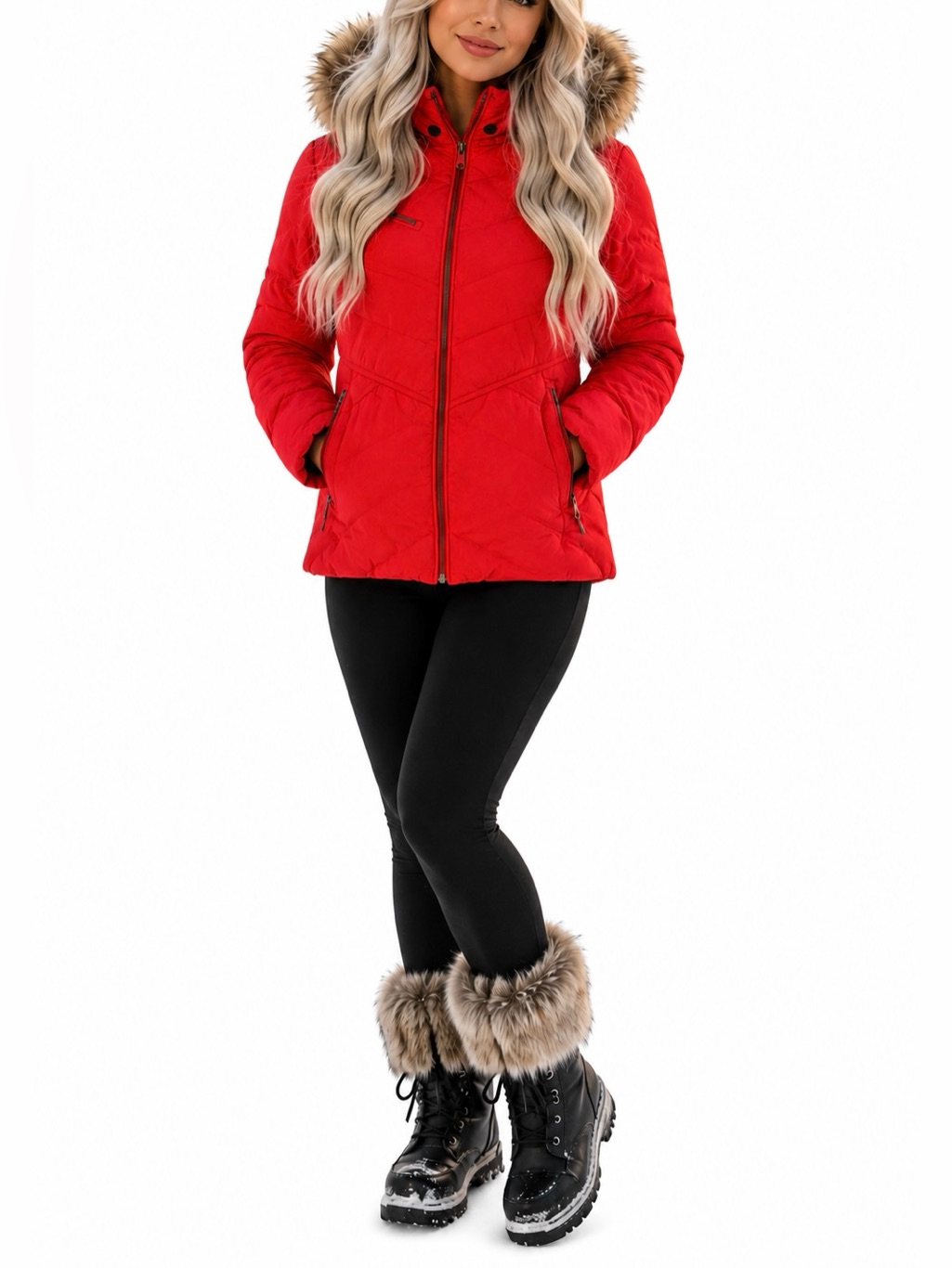 Nils Red Quilted Ski Jacket Fur Hood Waterproof Womens Winter Coat Size 8